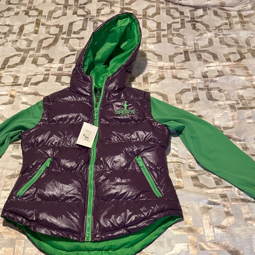 Purple and Green Puffer Vest with Hood